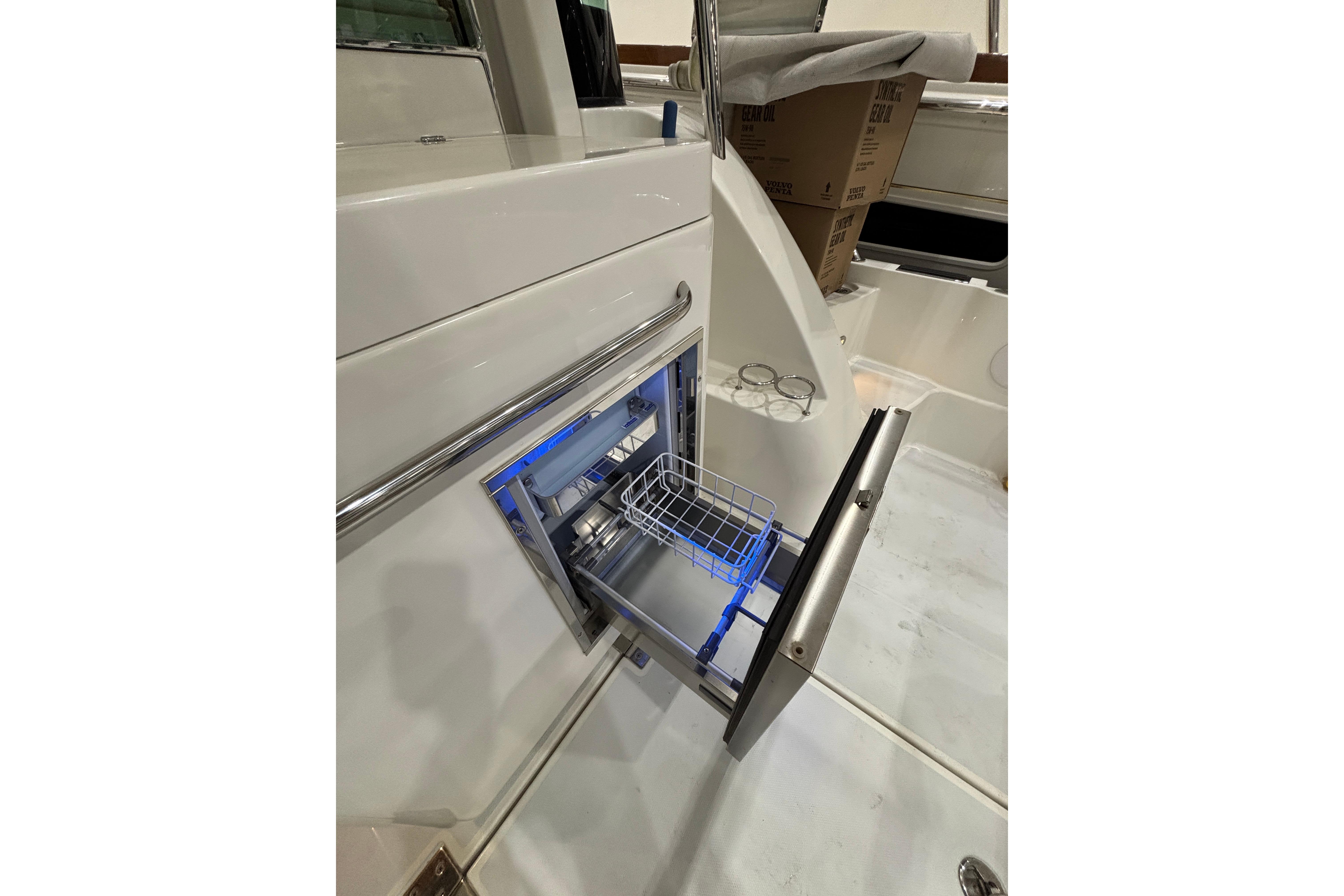 Open drawer on 2020 Sabre 45 Salon Express yacht, showcasing storage compartment.