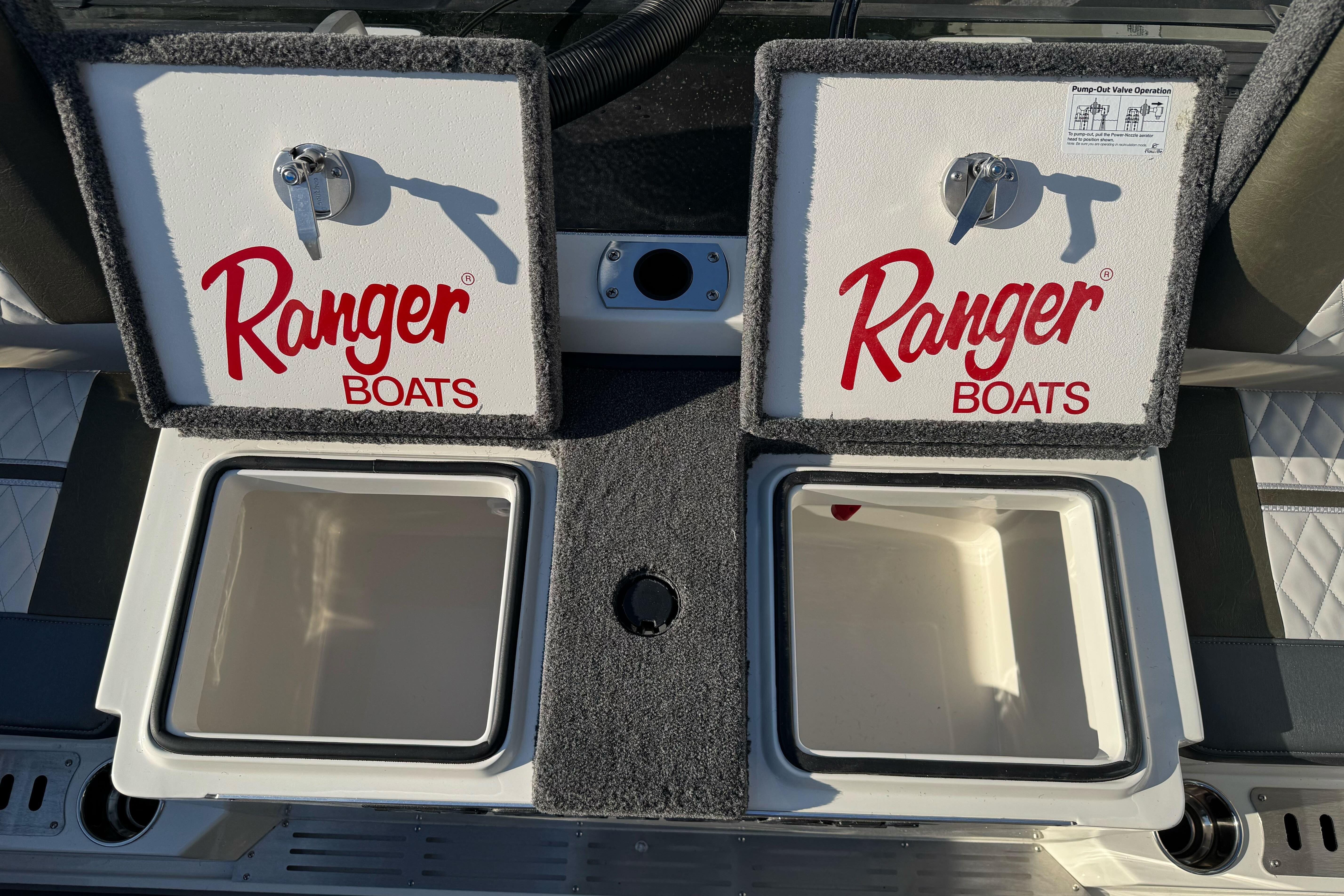 2026 Ranger 620xFS Pro boat storage compartments with Ranger Boats branding.