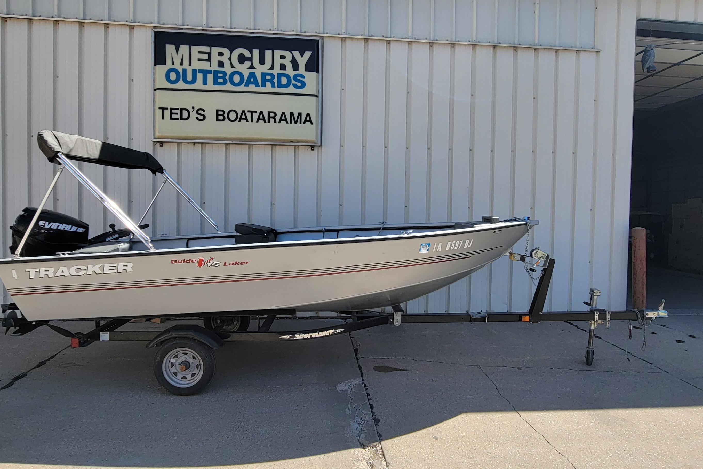 2010 Tracker Guide V 15 Laker boat on trailer at Ted's Boatarama.