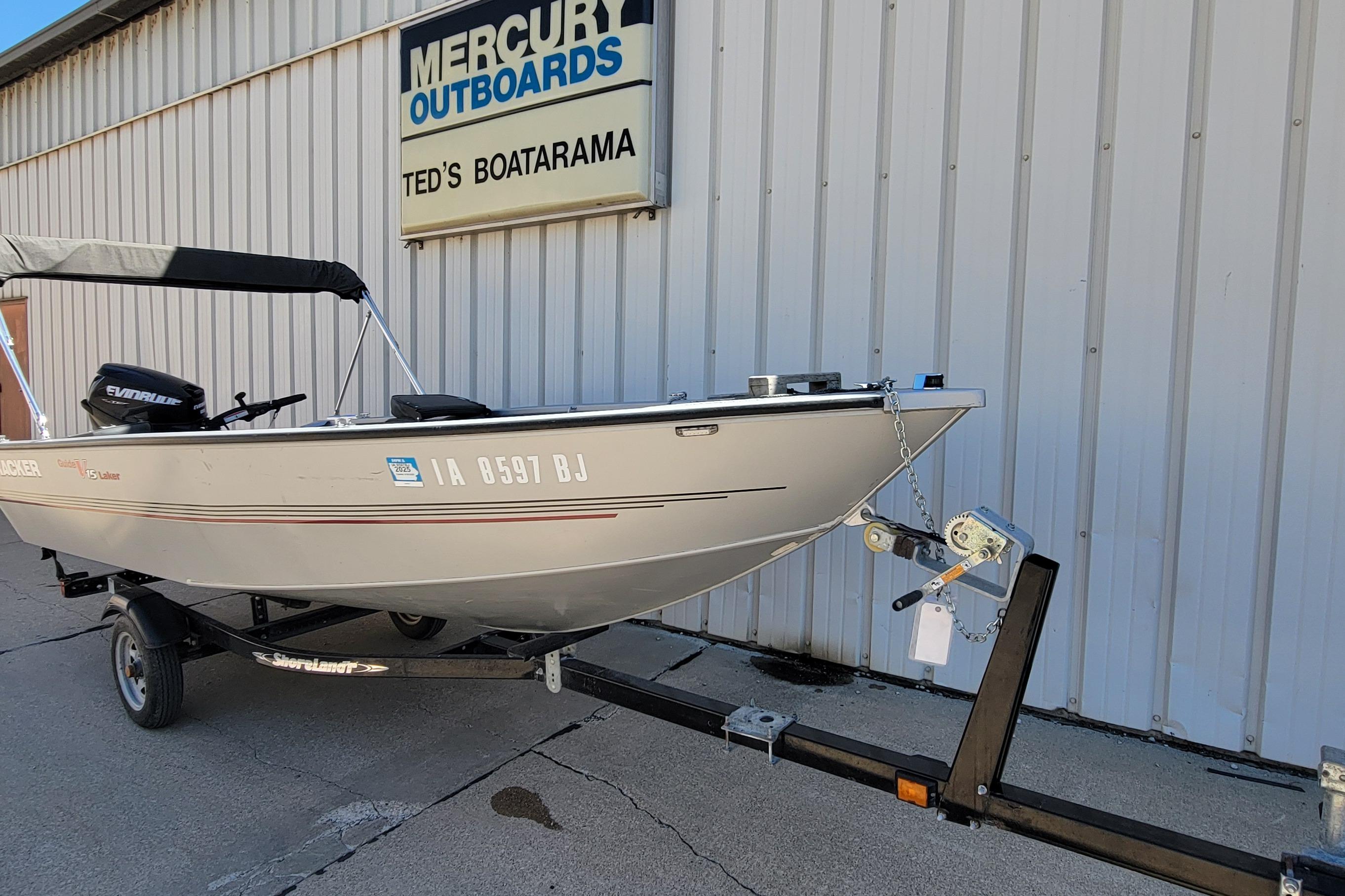 2010 Tracker Guide V 15 Laker boat on trailer at Ted's Boatarama.