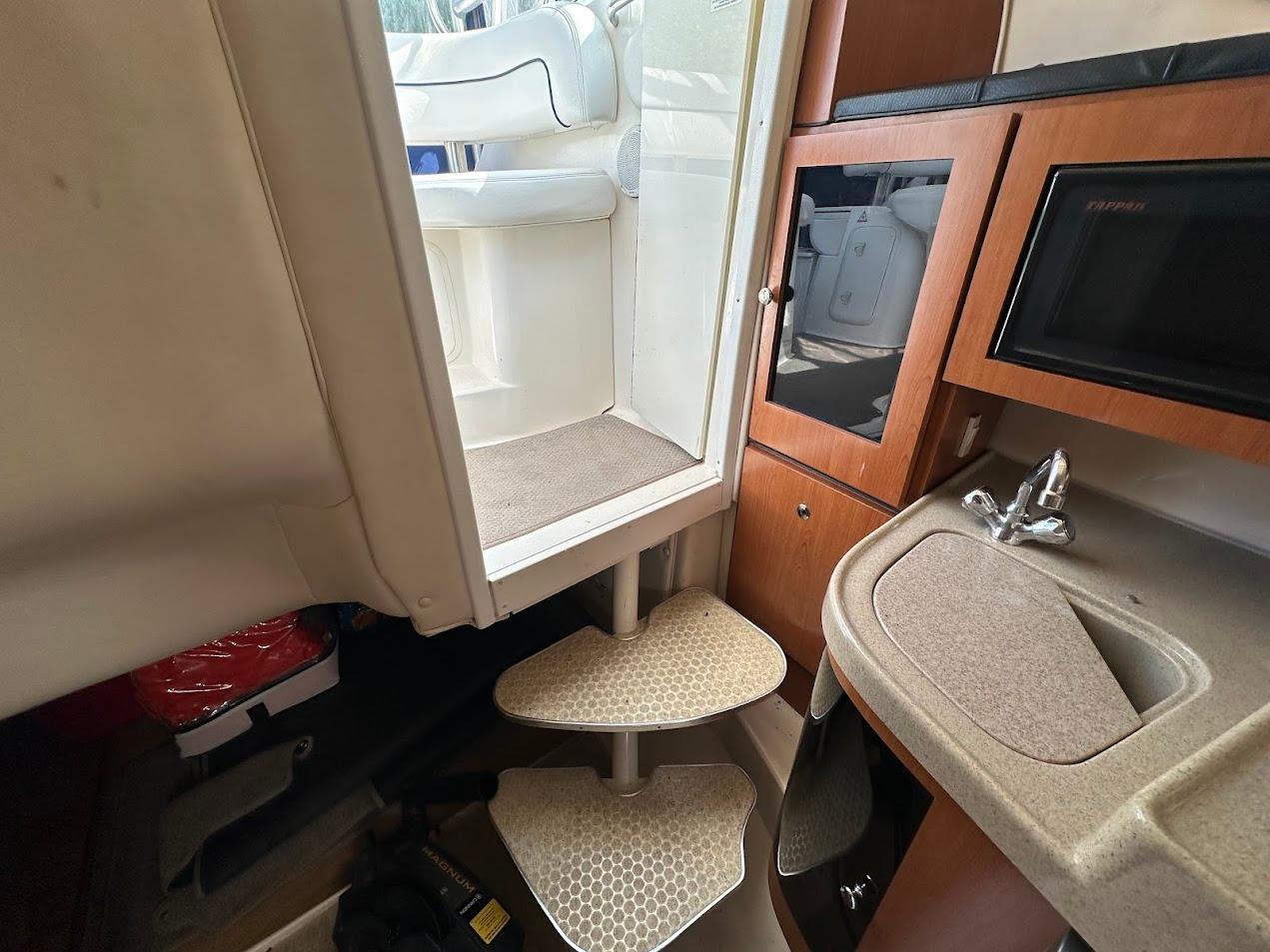 2006 Wellcraft 290 Coastal cabin interior with steps, sink, and storage.