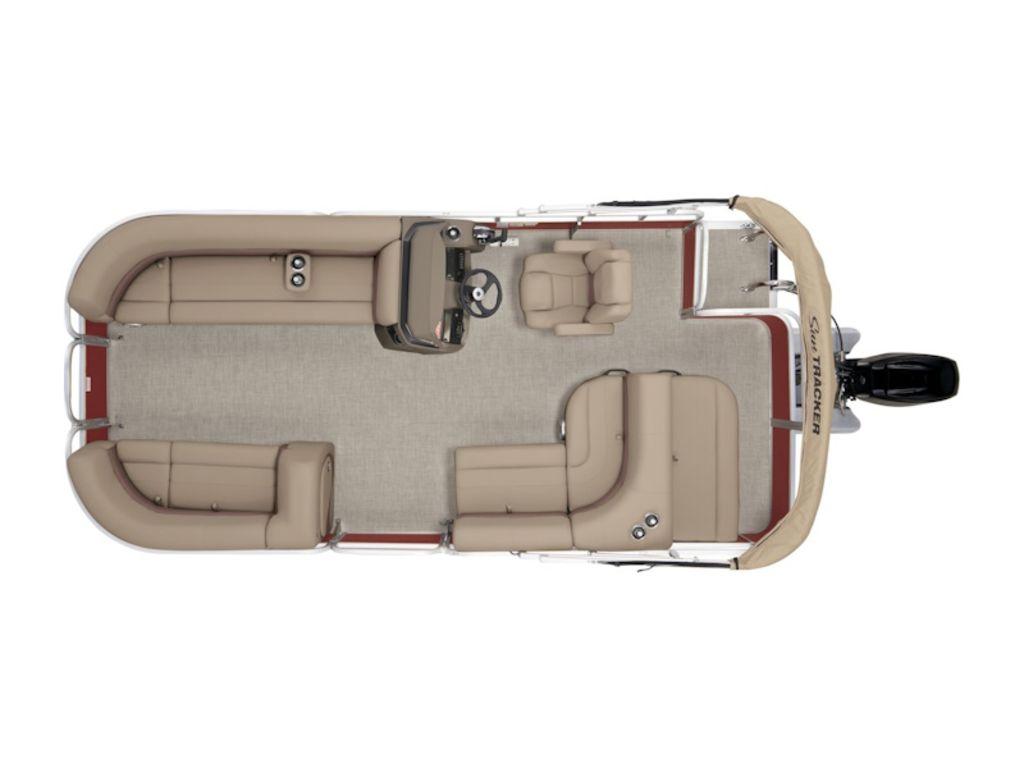 2025 Sun Tracker PARTY BARGE® 18 DLX pontoon boat, top view, beige seating, spacious layout.