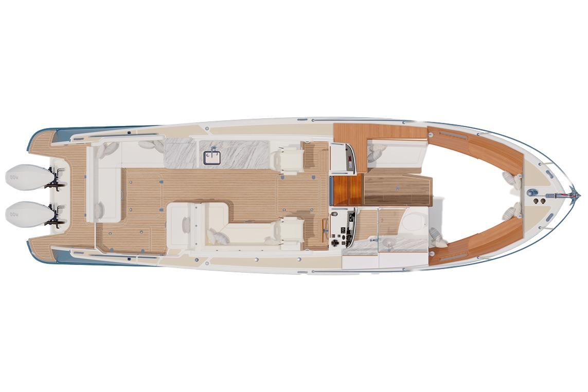 Manufacturer Provided Image: Top view of 2026 MJM 38R boat layout with twin engines and spacious deck.
