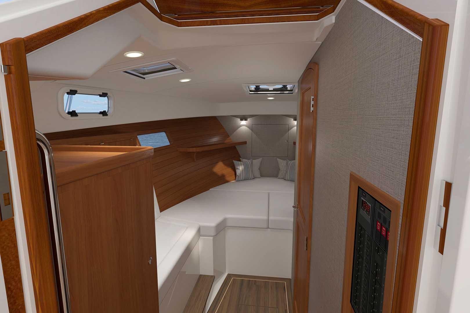 Manufacturer Provided Image: Luxurious interior of 2026 MJM 38R yacht with wood accents and cozy seating.