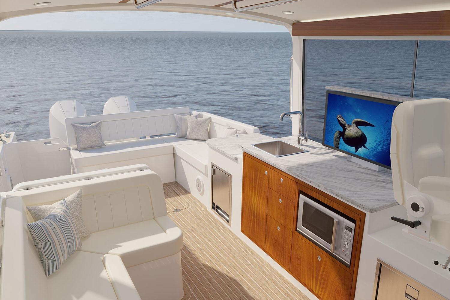 Manufacturer Provided Image: Luxurious 2026 MJM 38R yacht interior with seating, kitchenette, and ocean view.