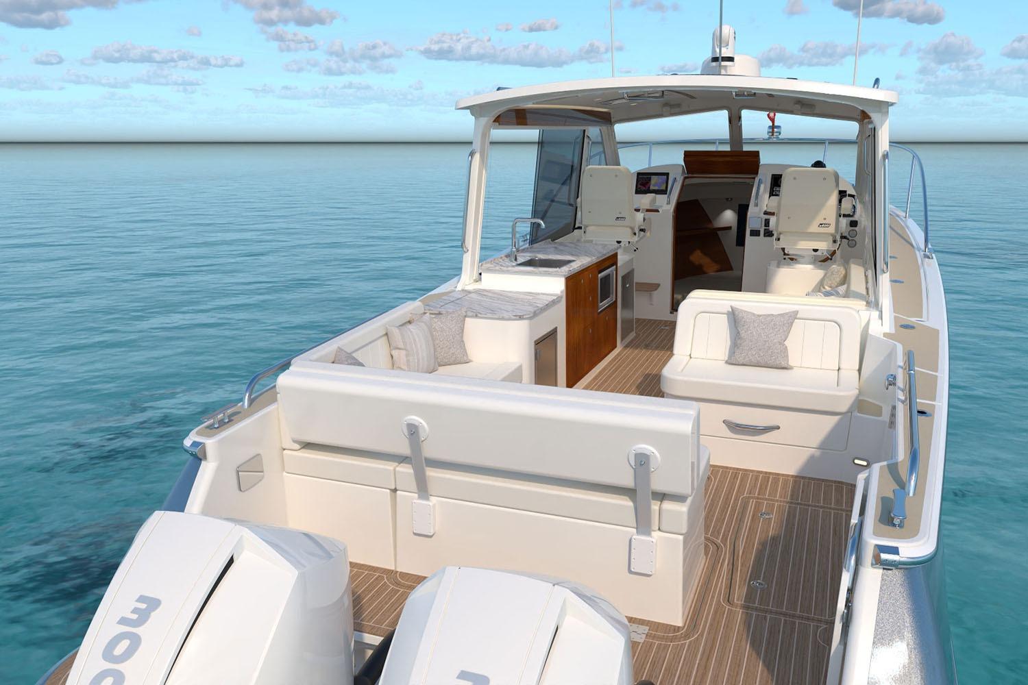 Manufacturer Provided Image: 2026 MJM 38R luxury boat interior with seating, helm, and ocean view.