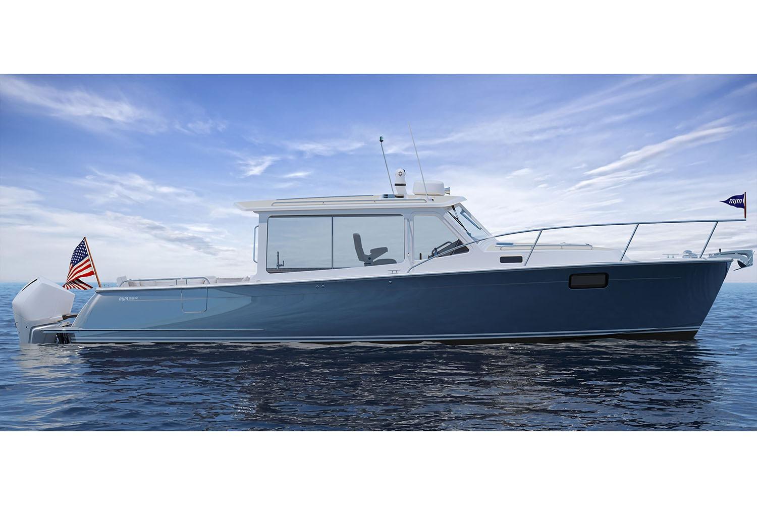 Manufacturer Provided Image: 2026 MJM 38R boat on calm water, featuring sleek design and American flag.