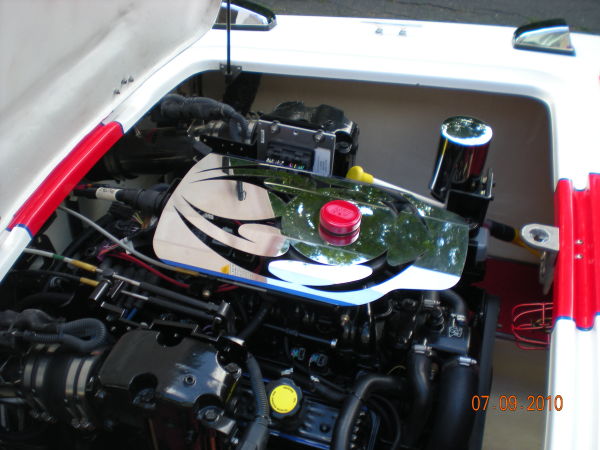 2008 Donzi 18 Classic engine compartment with open hood.