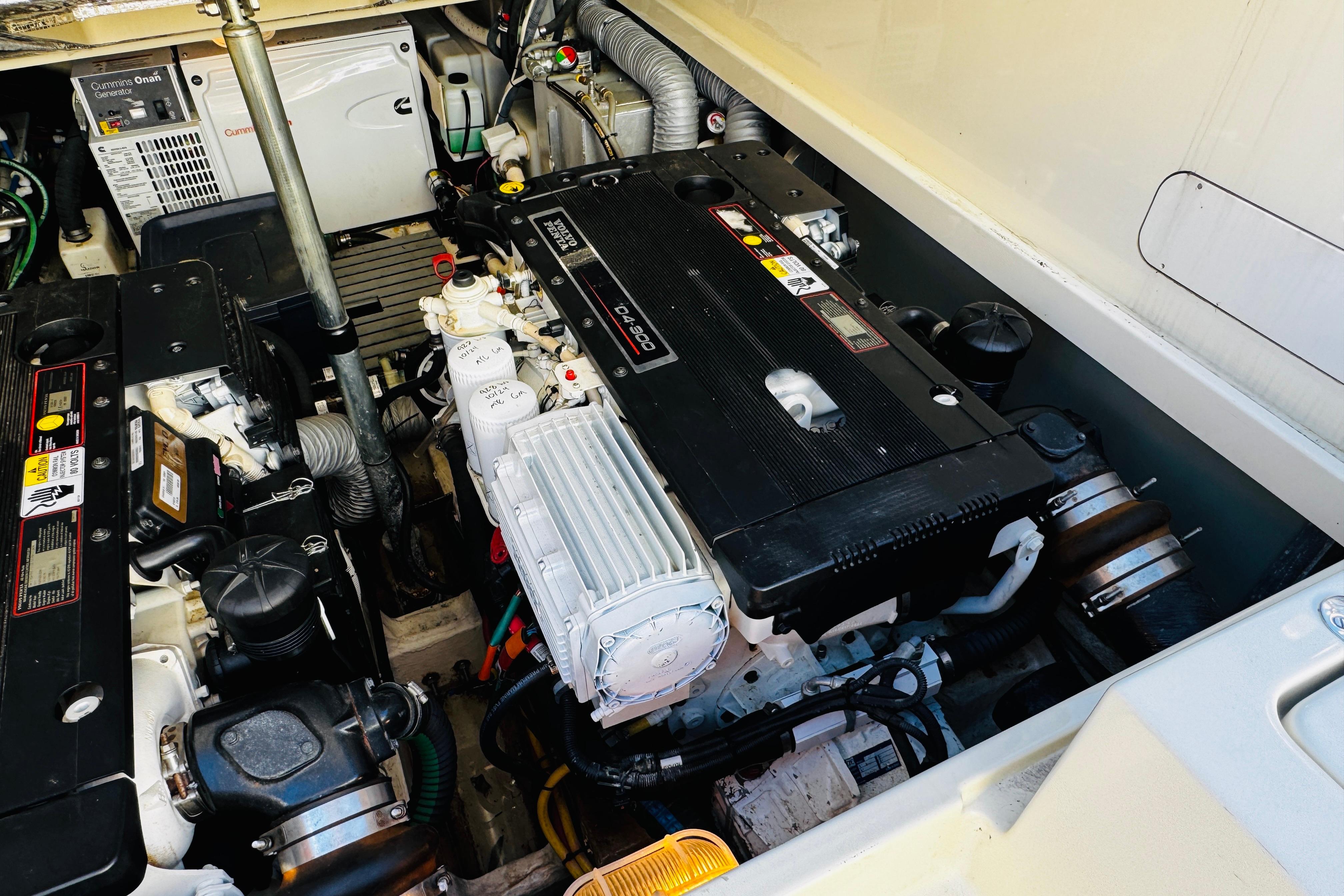 Engine compartment of a 2012 Hinckley Picnic Boat MKIII, showcasing mechanical components.