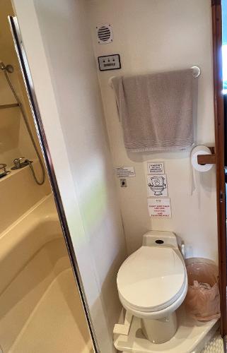 1997 Carver 350 Mariner bathroom with toilet, towel rack, and shower area.
