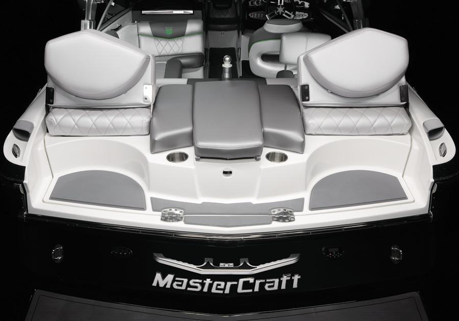 2013 MasterCraft X-25 boat interior with gray seating and sleek design.
