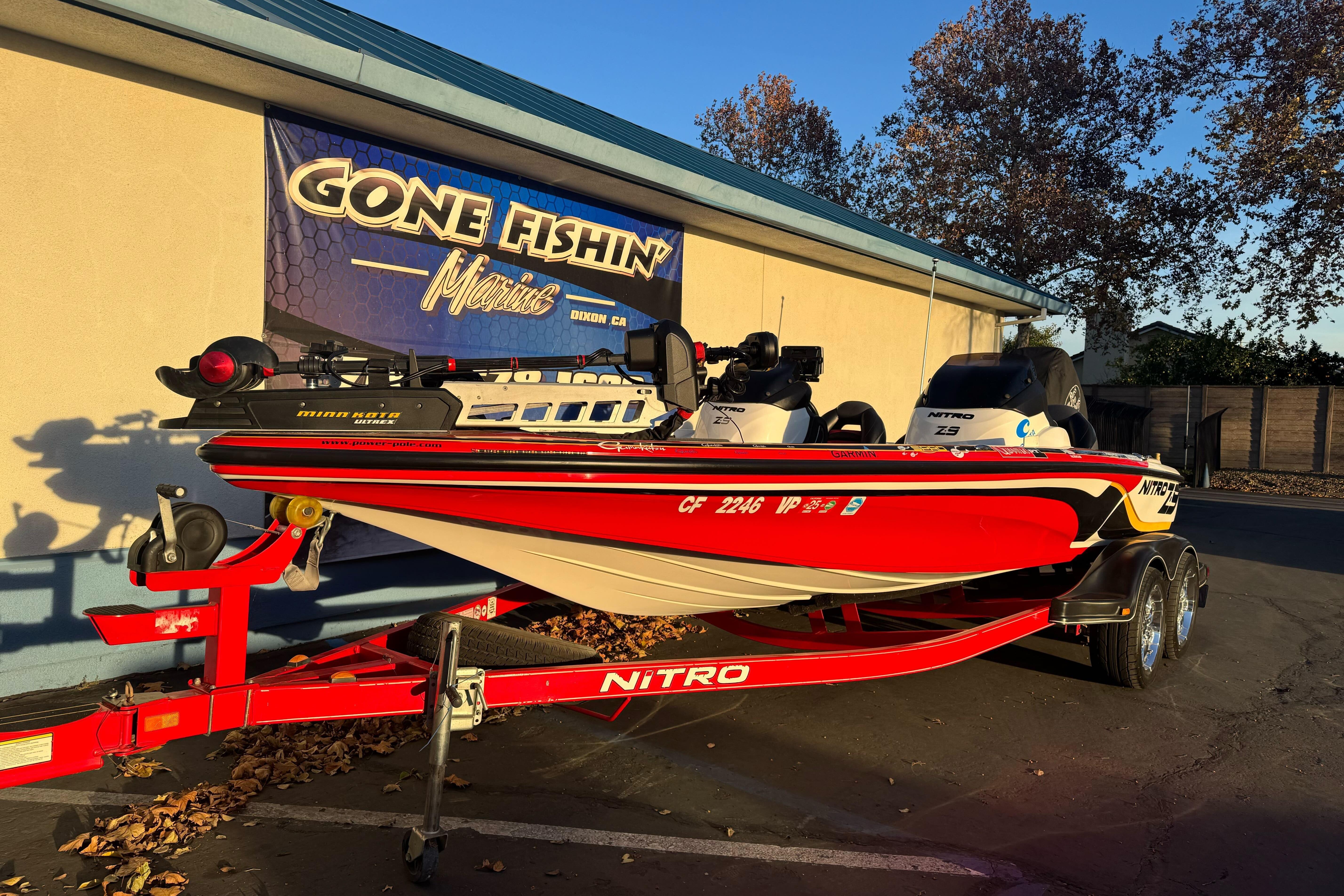 2011 Nitro Z-9 DC boat on trailer, parked outside Gone Fishin' Marine.