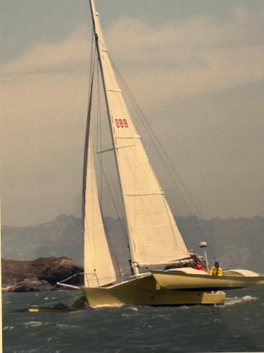1982 Greene Marine 35 Acapella sailboat navigating choppy waters.