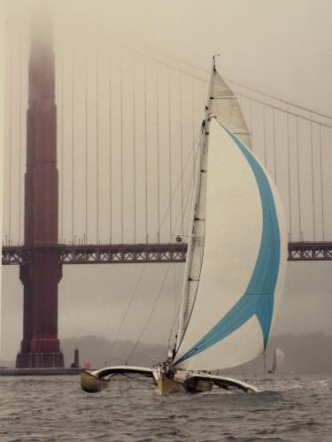 Sailboat "Greene Marine 35 Acapella" 1982 near Golden Gate Bridge in foggy weather.