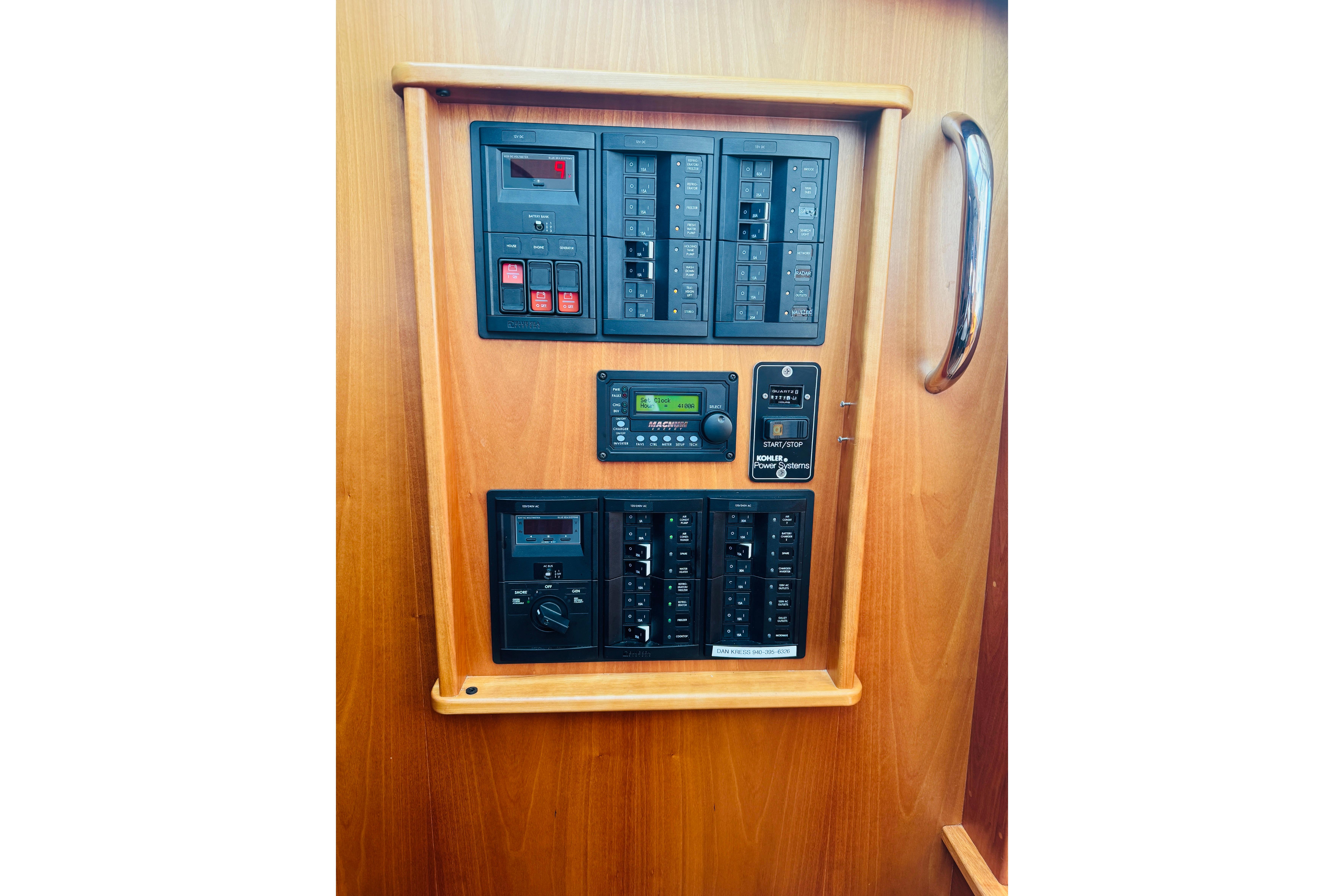 Electrical control panel on a 2015 Sabre 38 Salon Express yacht.