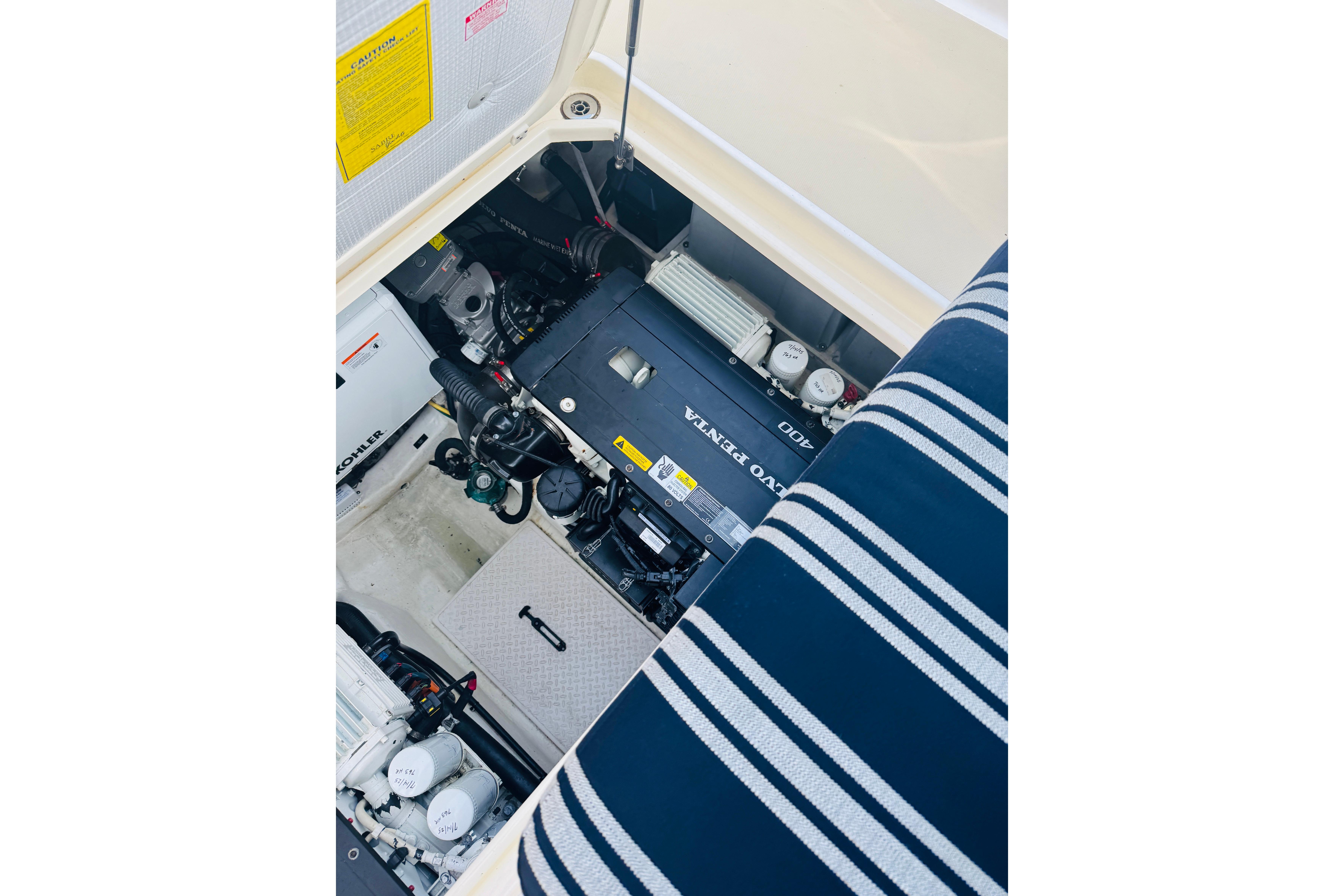 Engine compartment of 2015 Sabre 38 Salon Express with Volvo Penta engine.
