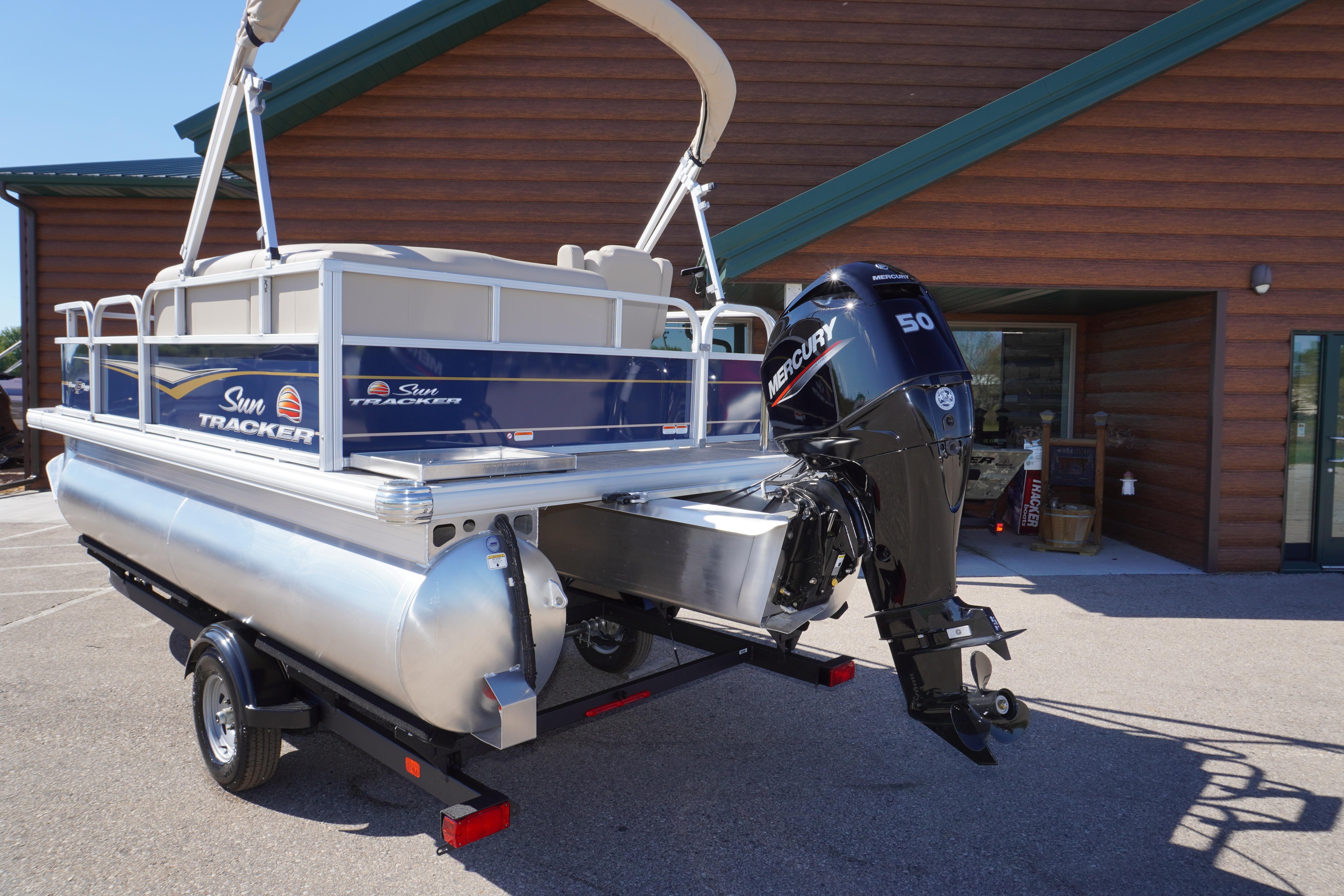 2025 Sun Tracker Bass Buggy 16 XL Select pontoon boat with Mercury 50 engine.