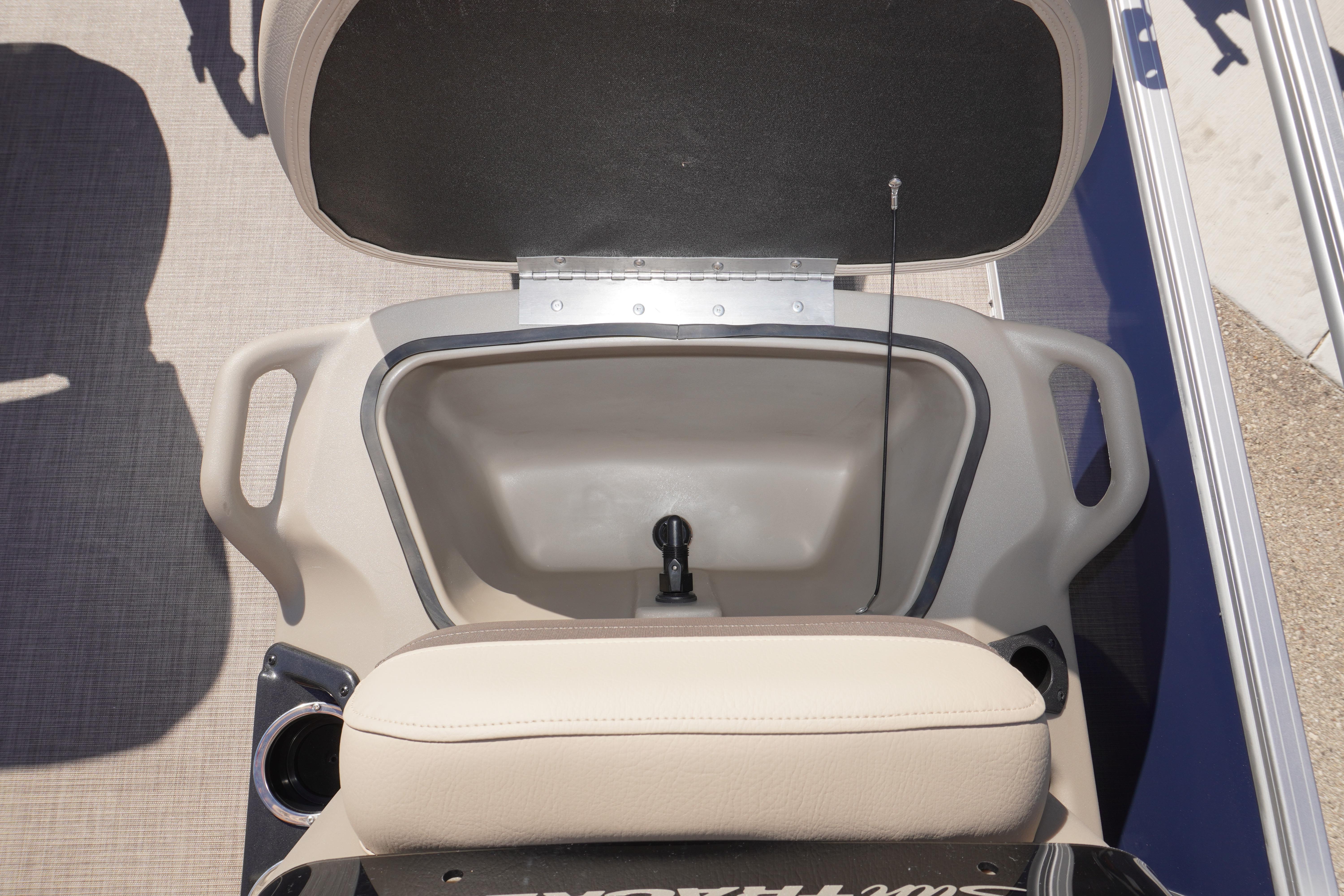 Open storage compartment on 2025 Sun Tracker Bass Buggy 16 XL Select boat.