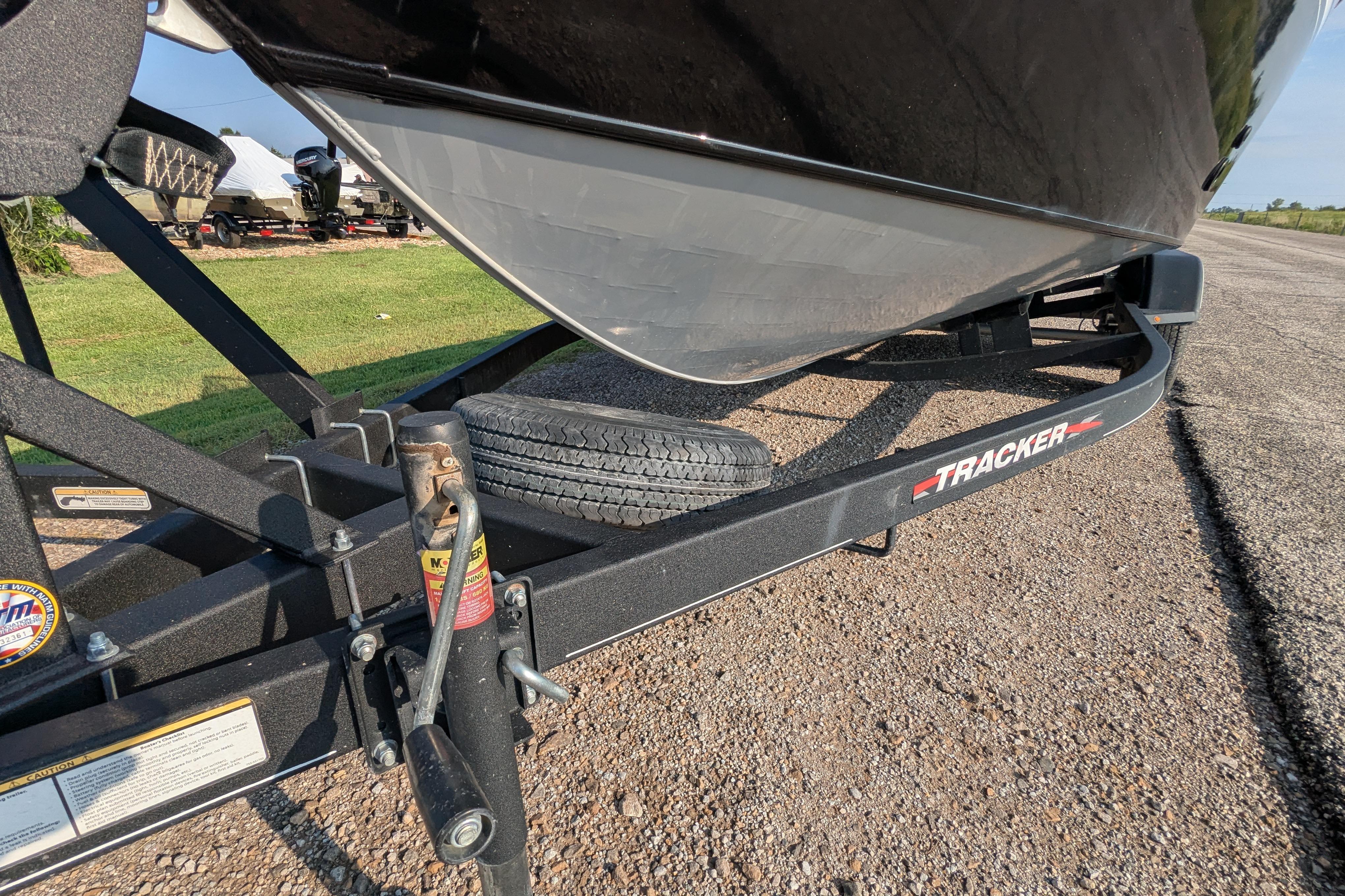2023 Tracker Targa V-19 Combo Tournament Edition boat on trailer, close-up view.