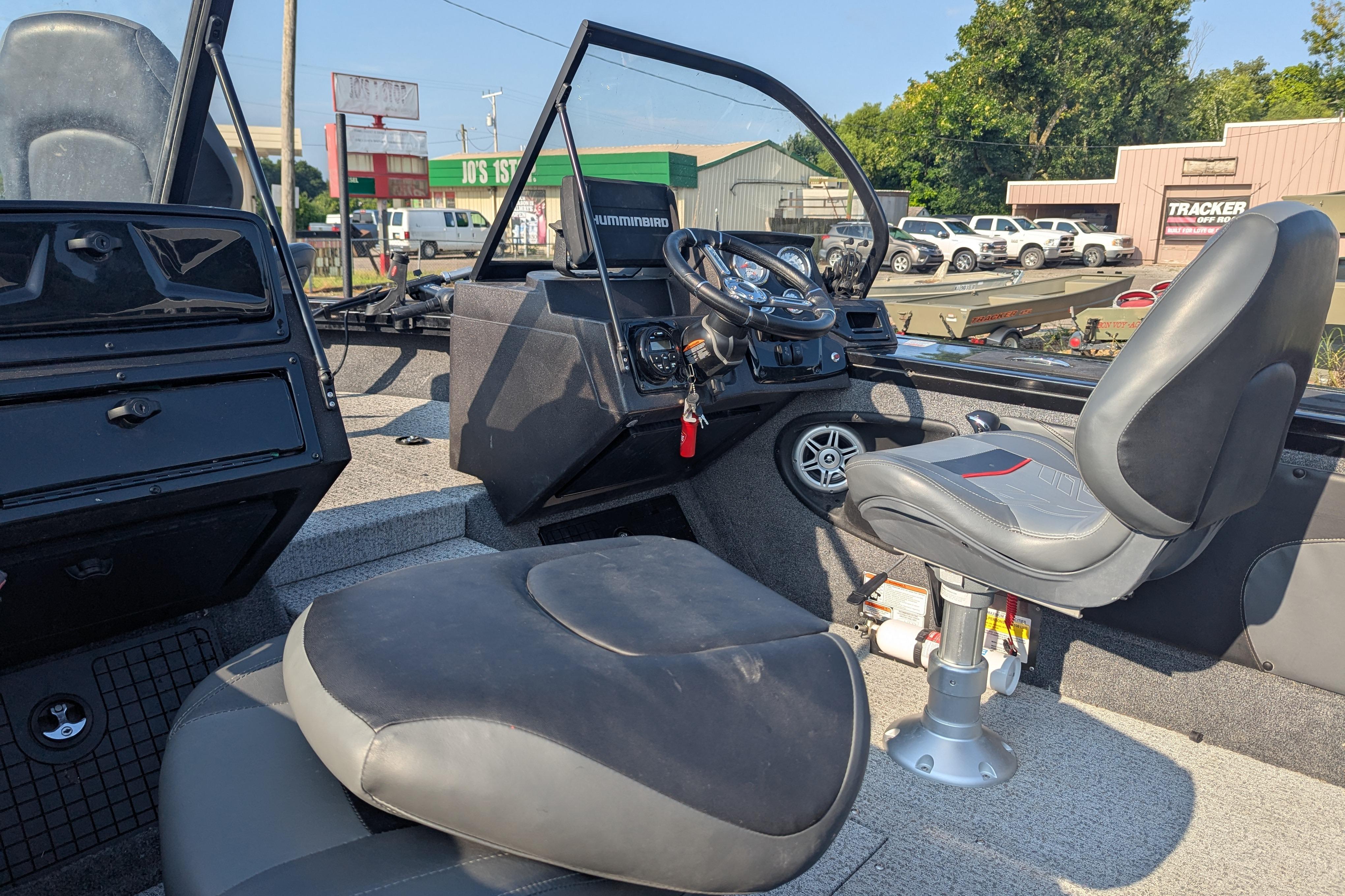 2023 Tracker Targa V-19 Combo Tournament Edition boat interior with steering wheel and seating.