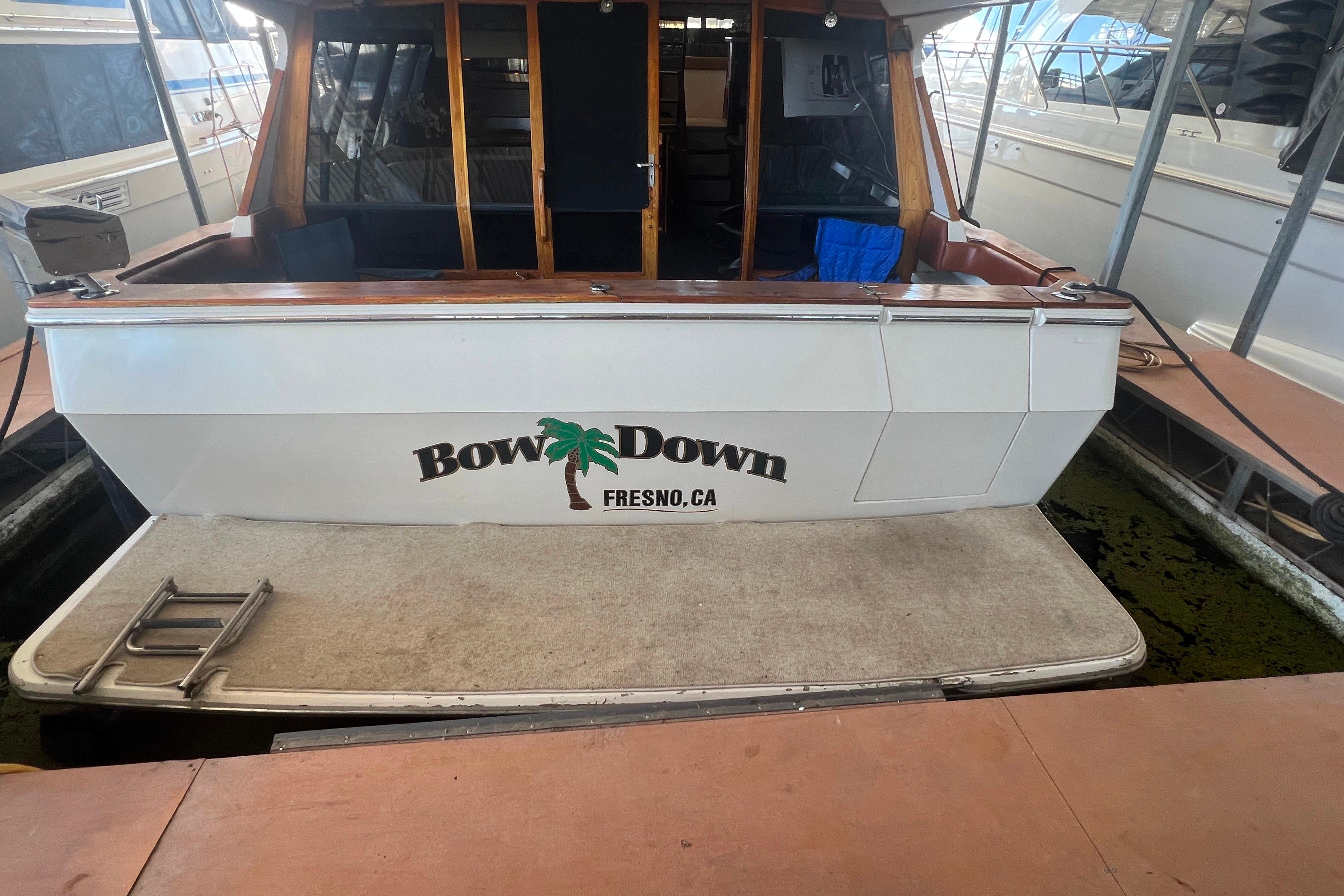 1986 Bayliner 4550 Motoryacht "Bow Down" docked in Stockton, CA marina.
