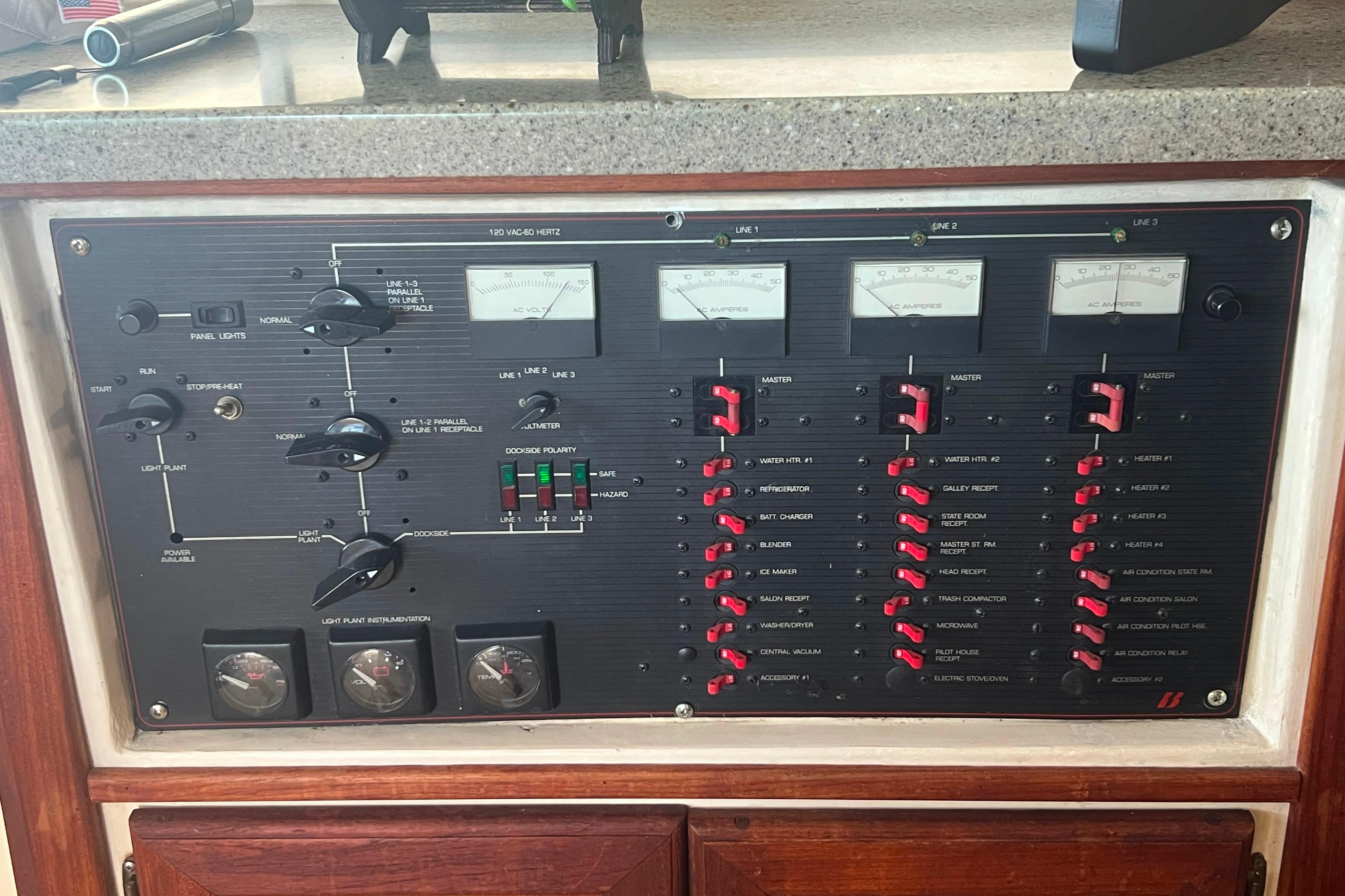Electrical control panel of a 1986 Bayliner 4550 Motoryacht with switches and gauges.