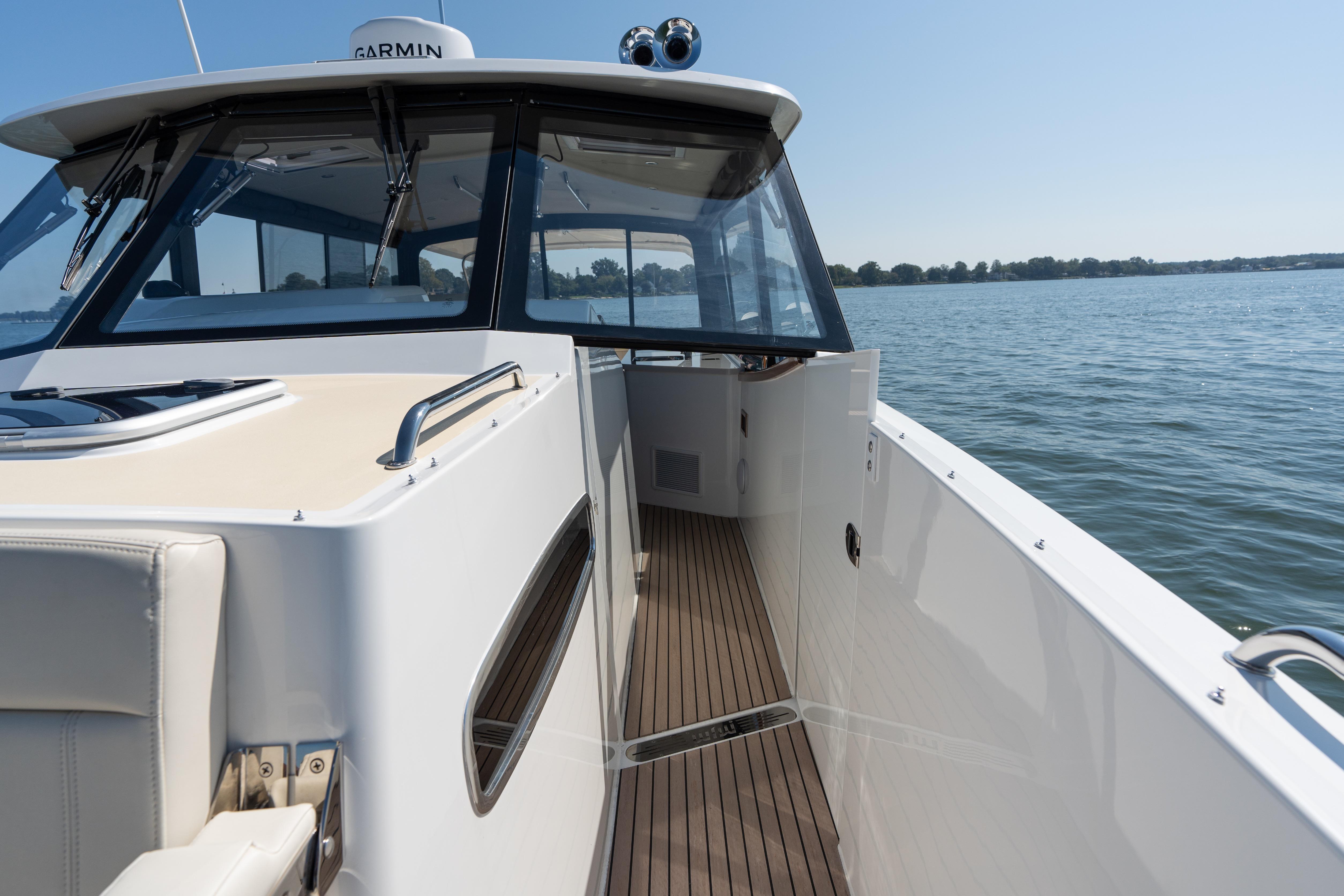 2023 MJM Yachts 4 on water, showcasing sleek design and spacious deck.