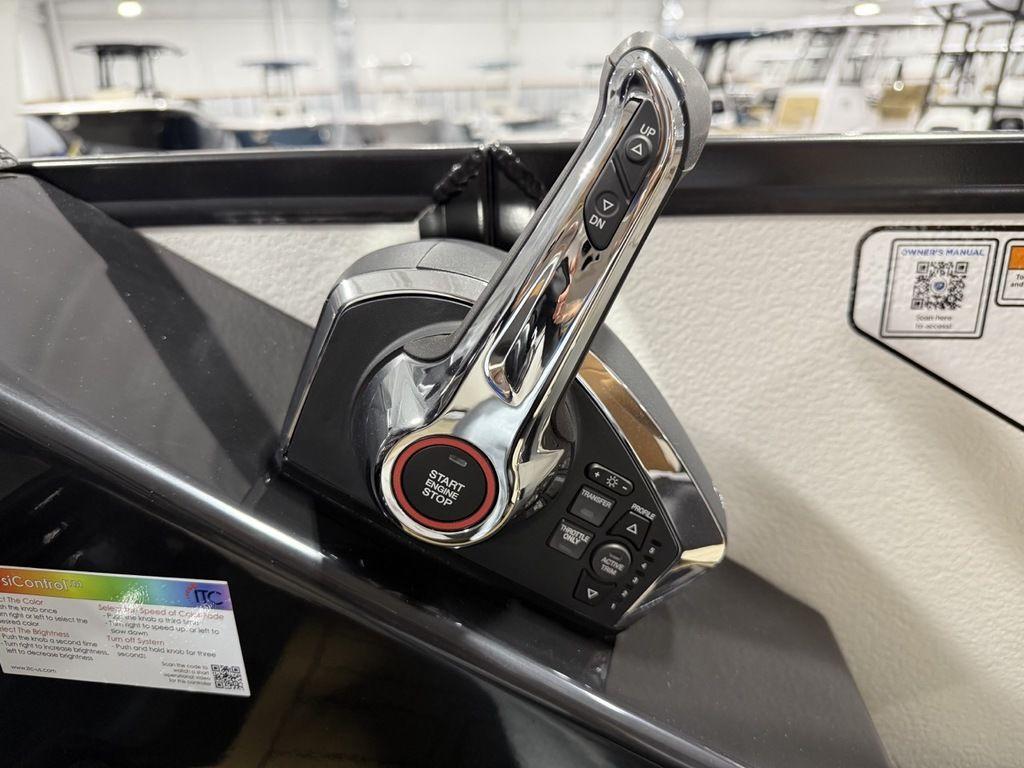 Throttle control of 2025 Premier 230 Solaris RL boat, featuring start/stop button.