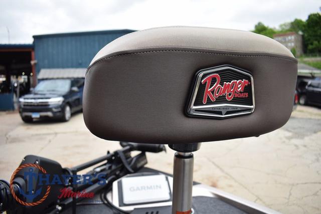 2025 Ranger Z185 boat seat with logo, outdoor setting, Thayer's Marine branding visible.