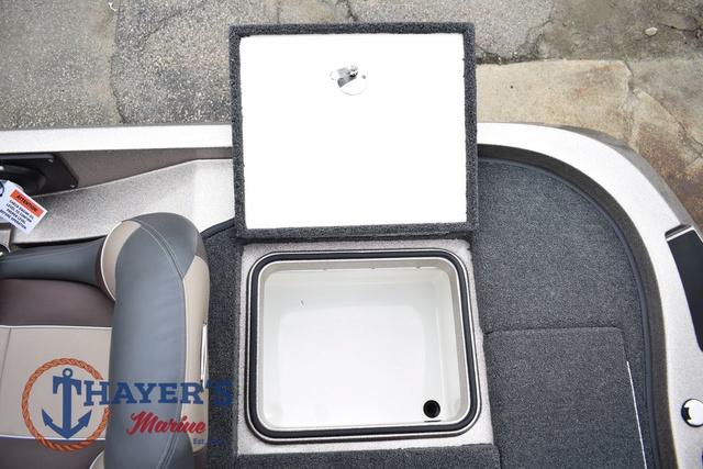 Open storage compartment in 2025 Ranger Z185 boat, featuring Thayer's Marine logo.