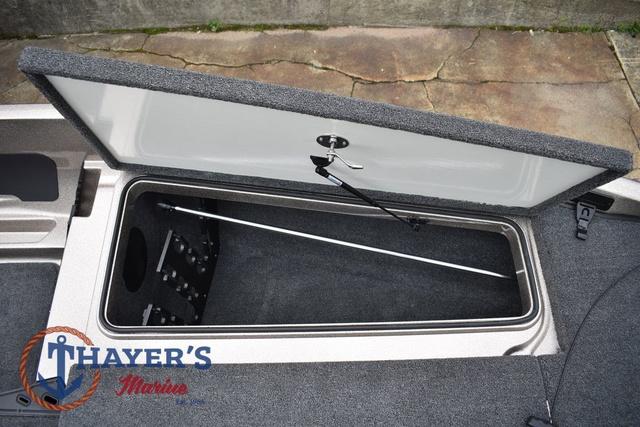 Open storage compartment in 2025 Ranger Z185 boat, featuring Thayer's Marine logo.