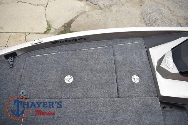 2025 Ranger Z185 boat deck with storage compartments, featuring Thayer's Marine logo.