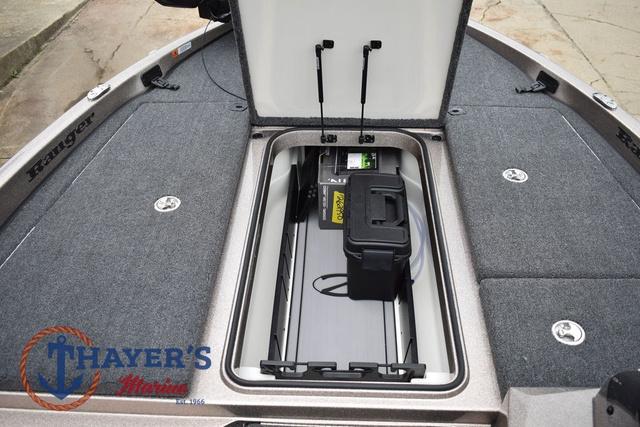 2025 Ranger Z185 boat storage compartment with battery and Thayer's Marine logo.