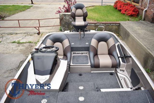 2025 Ranger Z185 boat interior with dual seats and steering console, displayed at Thayer's Marine.