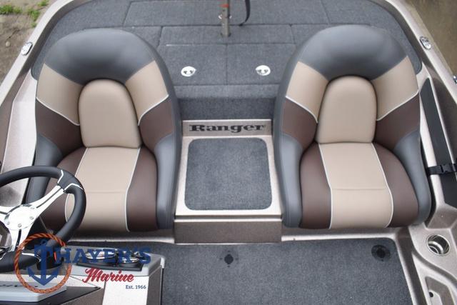2025 Ranger Z185 boat interior with two-tone seats and steering wheel, featuring Ranger logo.