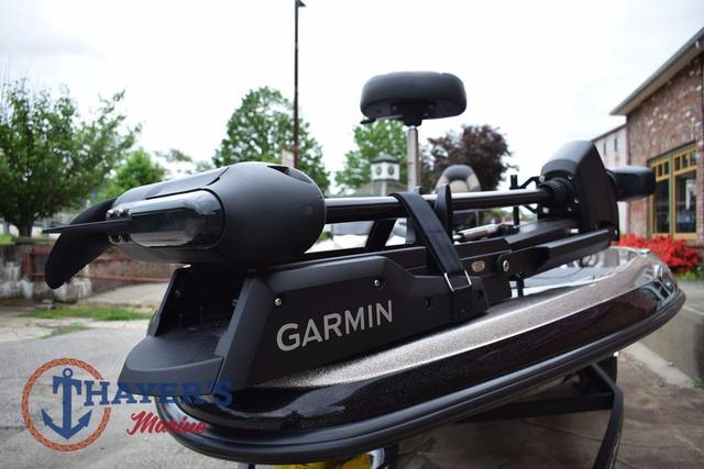 2025 Ranger Z185 boat with Garmin trolling motor, outdoor setting, overcast sky.