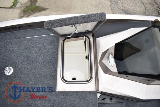 Ranger Z185 boat interior, open storage compartment, Thayer's Marine logo, 2025 model.