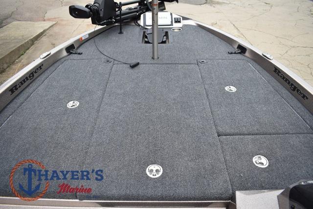 2025 Ranger Z185 boat deck with gray carpet and Thayer's Marine logo.
