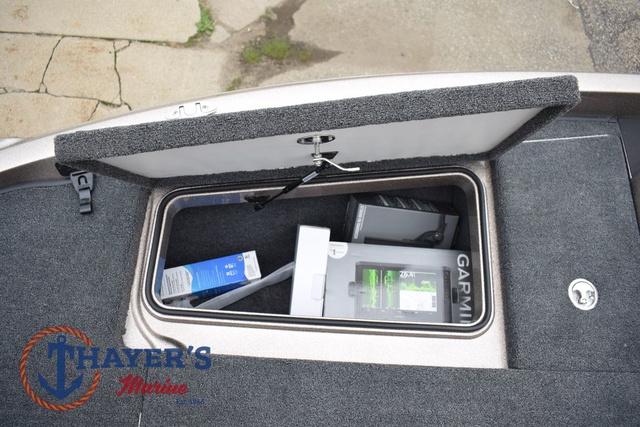 Open storage compartment in 2025 Ranger Z185 boat with Garmin equipment and Thayer's Marine logo.