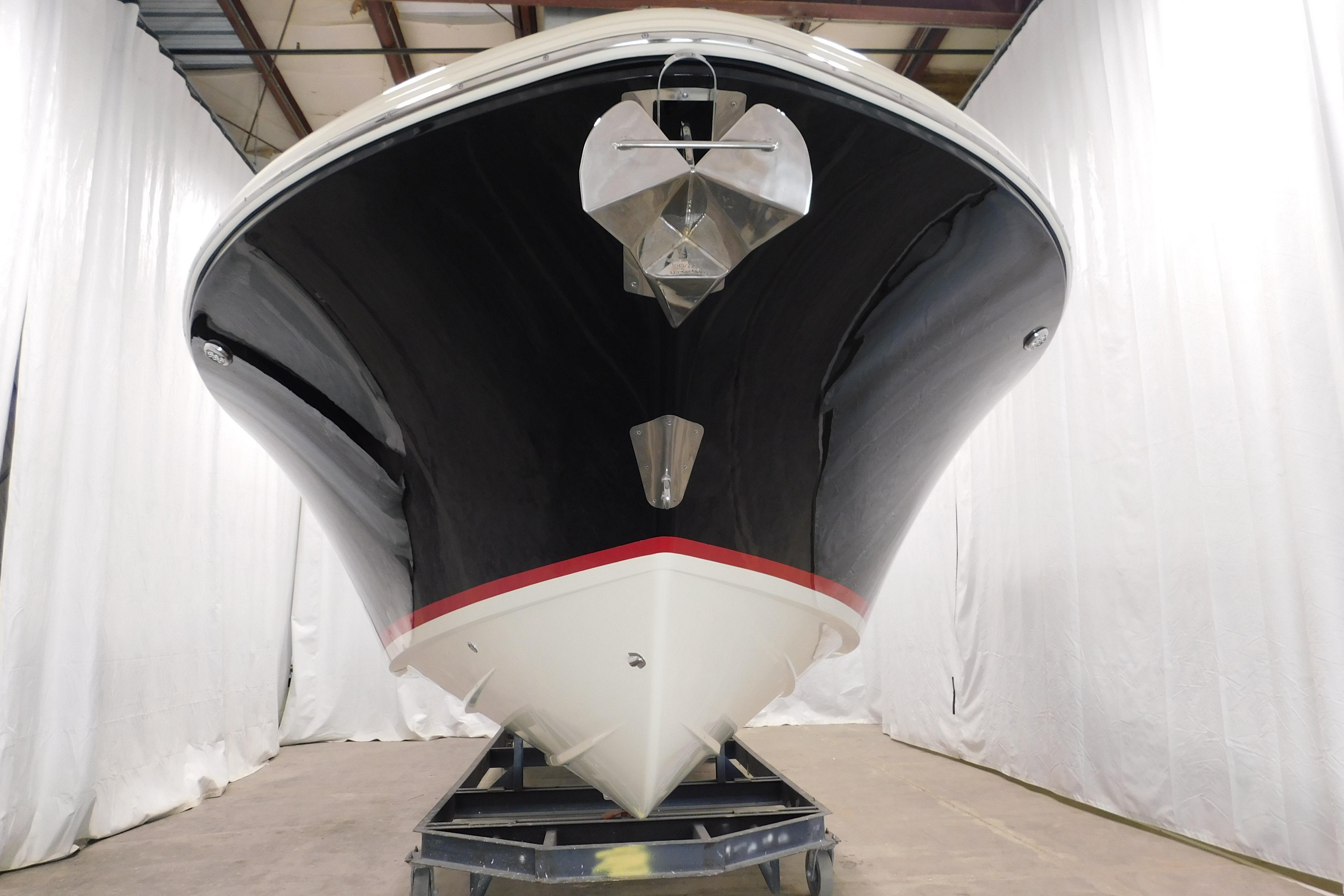 2021 Chris-Craft Launch 35 GT boat in showroom, front view.