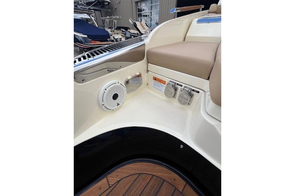 2021 Chris-Craft Launch 35 GT interior with speaker and seating detail.