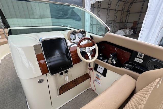 2021 Chris-Craft Launch 35 GT cockpit with elegant steering and dashboard design.