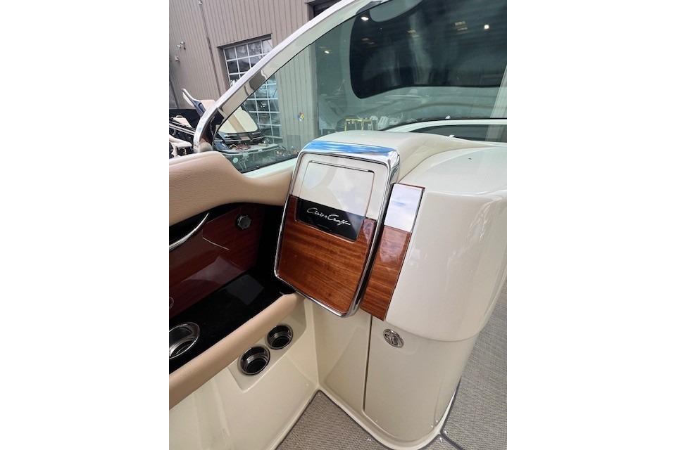 2021 Chris-Craft Launch 35 GT interior with elegant wood and chrome accents.