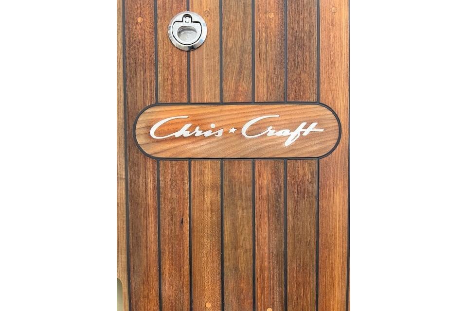 Wooden panel with Chris-Craft logo, 2021 Launch 35 GT model.
