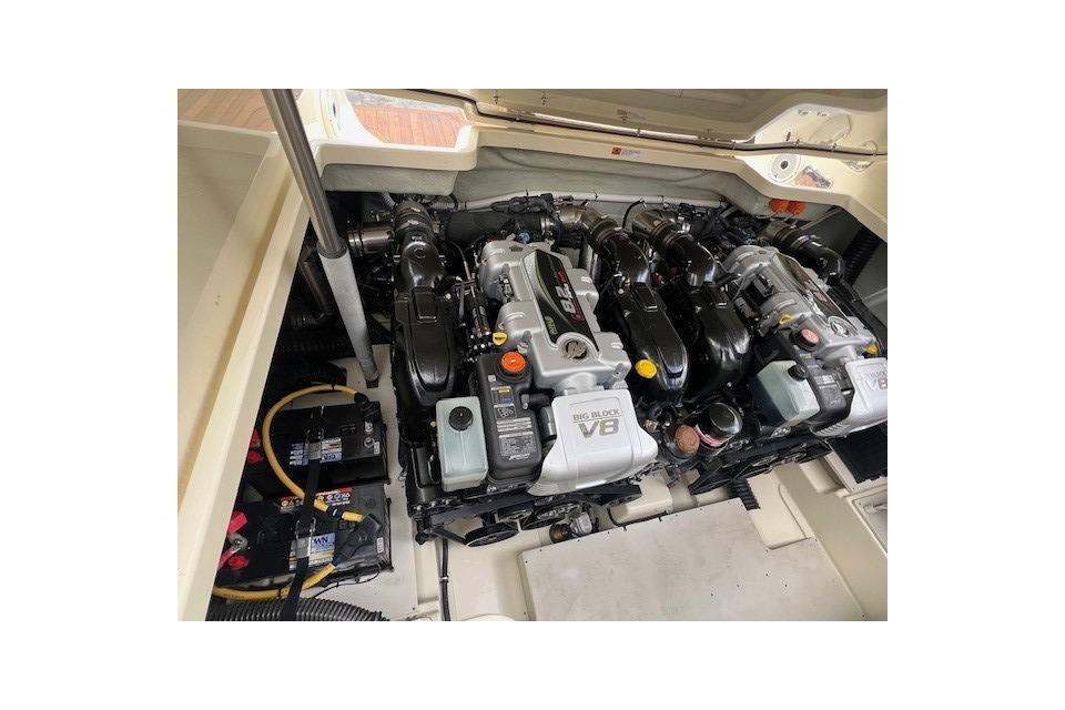 Engine compartment of 2021 Chris-Craft Launch 35 GT with V8 engine.