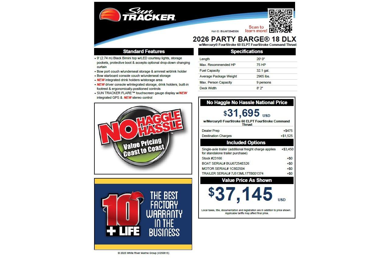 2026 Sun Tracker Party Barge 18 DLX specifications and pricing details flyer.