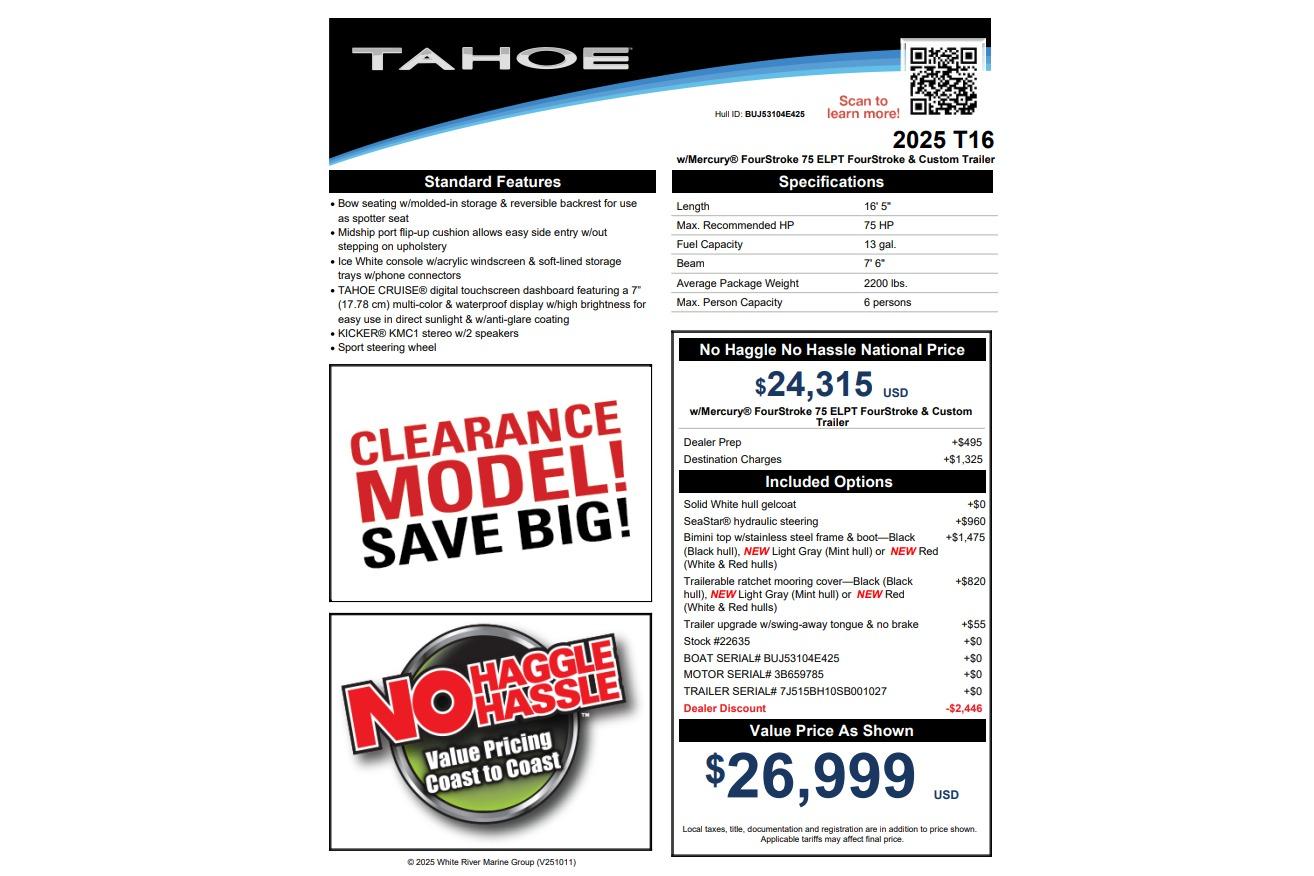 2025 Tahoe T16 boat flyer with specifications, pricing, and clearance model promotion.