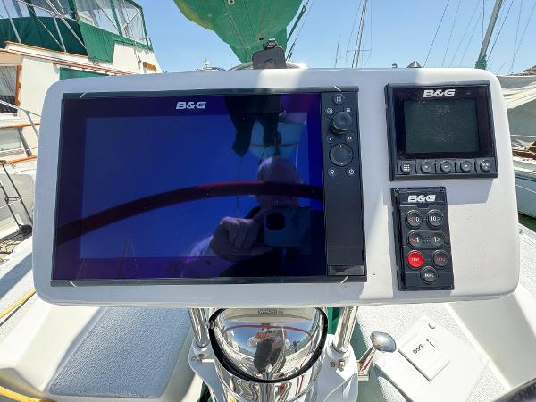 B&G navigation system on a 2000 Wyliecat 48 sailboat, featuring a large display screen.