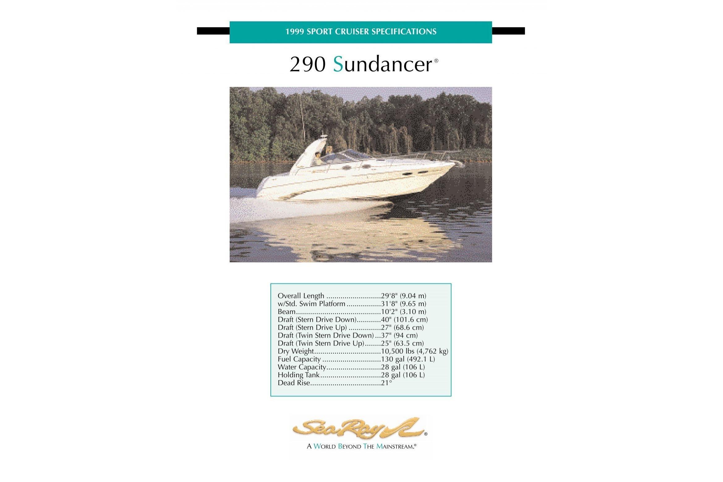 1999 Sea Ray 290 Sundancer boat cruising on a calm lake with specifications listed.