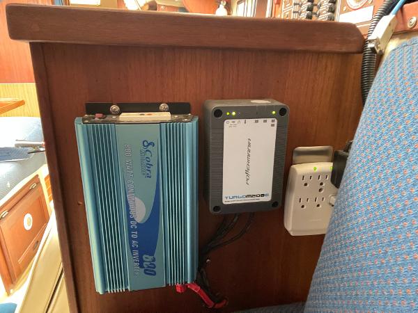Electrical components inside a 1984 Catalina 30 boat cabin.